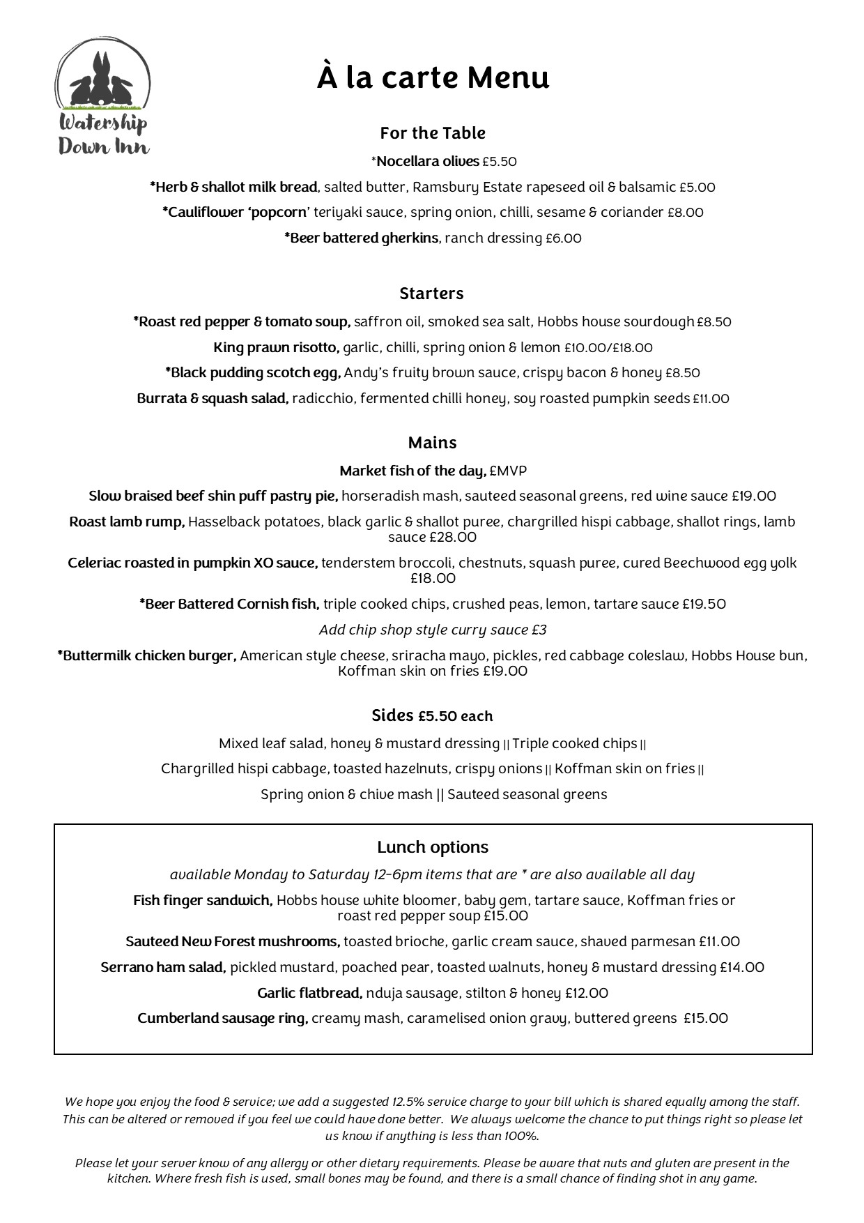 Lunch & A la Carte menu