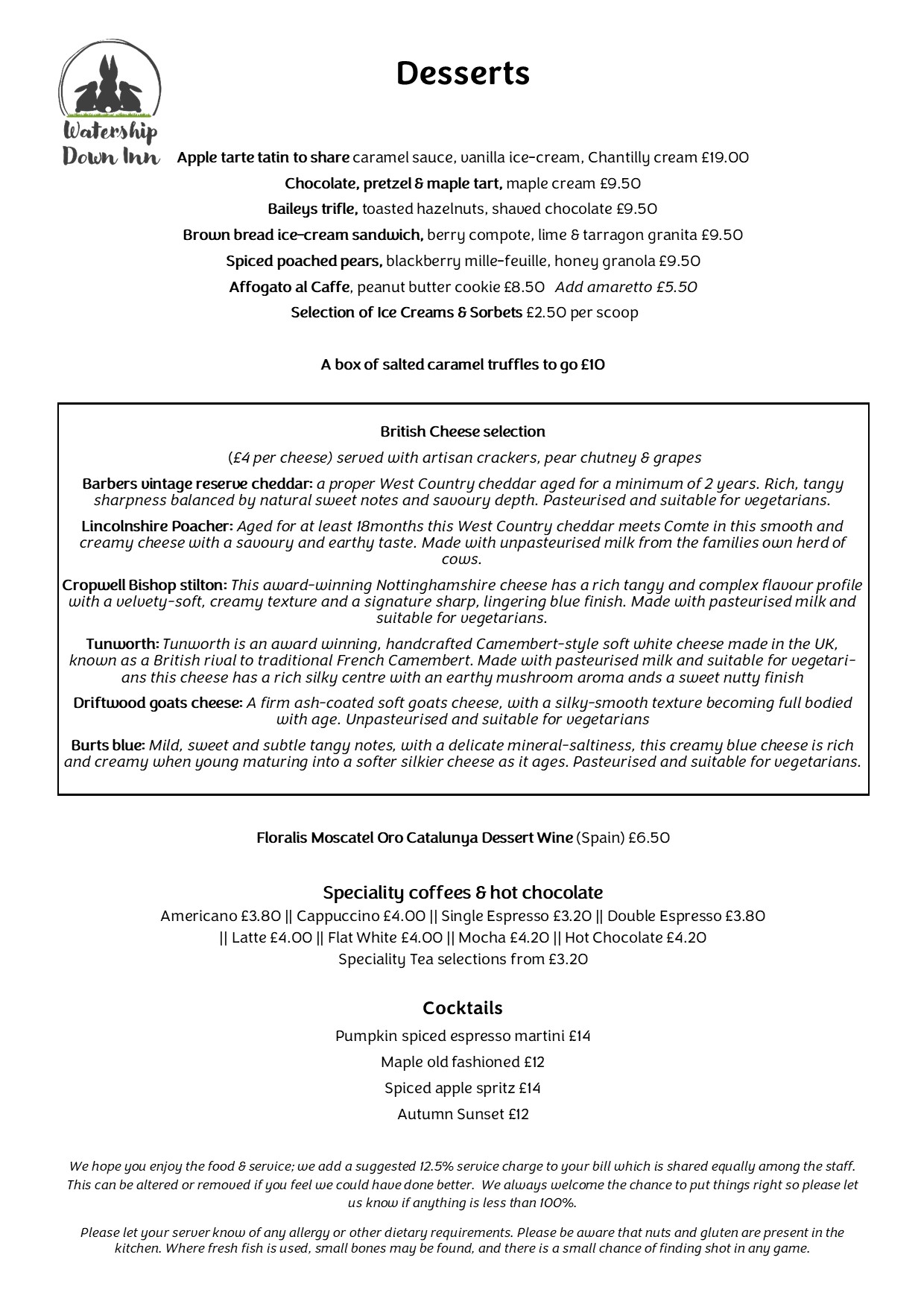 Desserts menu