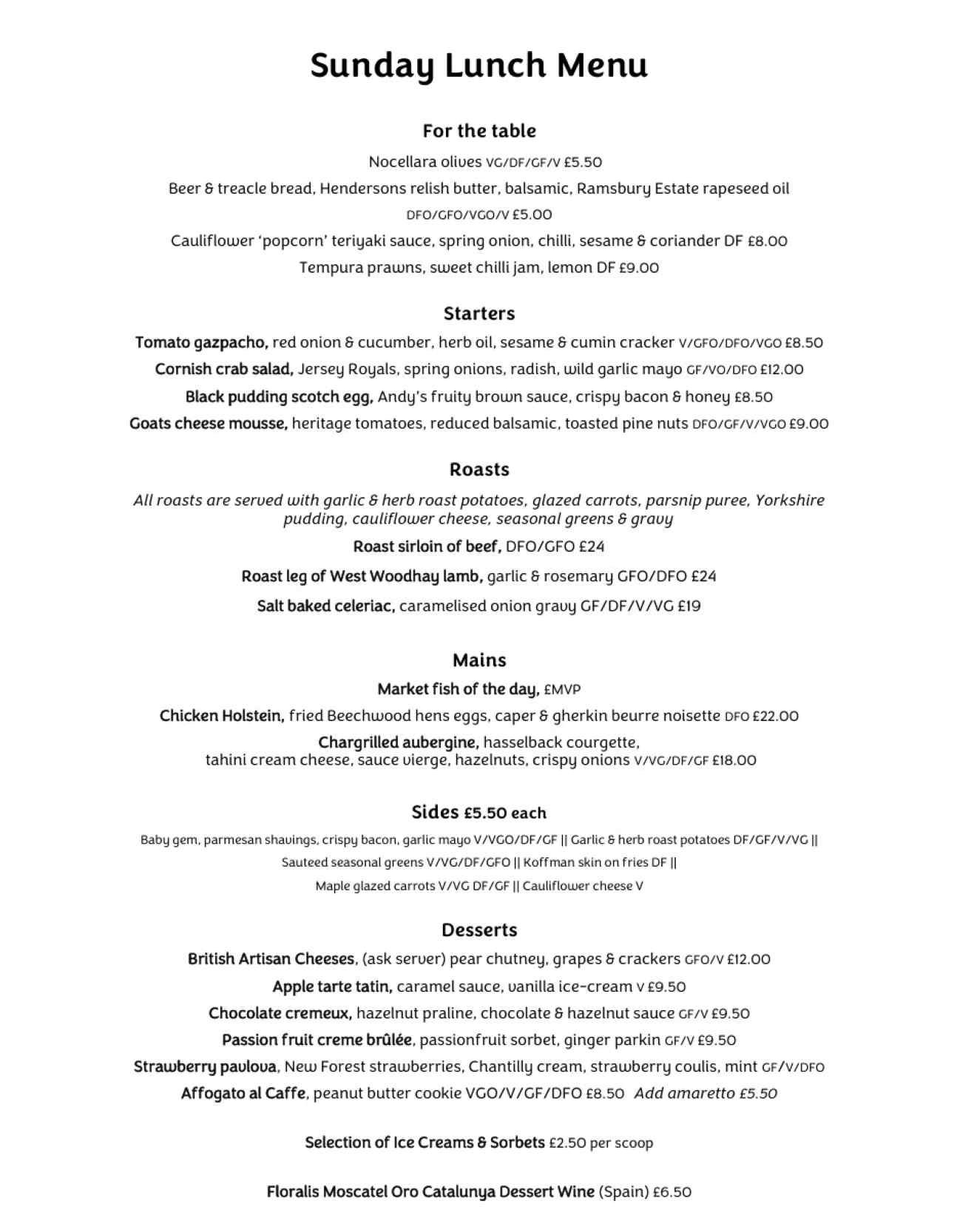 Sunday Lunch menu